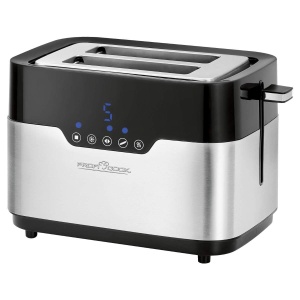 Prajitor de paine ProfiCook PC-TA 1170 cu 2 felii, senzor tactil, atasament pentru role, sertar pentru firimituri, functie de centrare, 7 niveluri de rumenire, otel inoxidabil negru