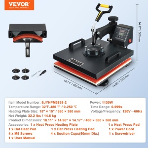 Presa termica VEVOR TLM12001, 38 x 38 cm, 1500 W, Rosu si Negru - Img 7