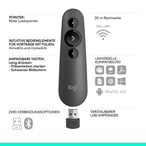 Prezentator Logitech R500s cu Laser, Bluetooth si USB, 20m, Gri - Img 6