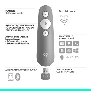 Prezentator Logitech R500s cu Laser, Bluetooth si USB, 20m, Gri - Img 6