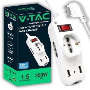 Priza multipla V-TAC cu 3 prize 2 USB, 16 A, alb