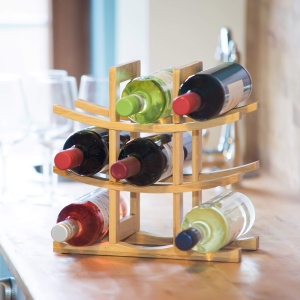 Raft pentru vin Relaxdays din bambus, pentru 9 sticle, design original, natural - Img 2