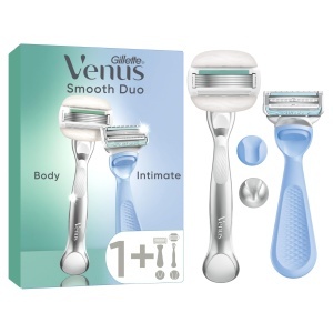 Rasoir pentru femei Gillette Venus Smooth Duo, albastrugri, cu trimmer de precizie