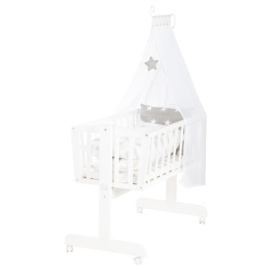Roba Cuna din Lemn Little Stars 40 x 90 cm, AlbGri, Set Complet cu Textil