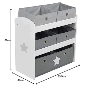 roba Raft de joaca Stars - Raft de jucarii pentru camera copiilor cu 5 cutii din tesatura - cu motiv stea - Raft de depozitare pentru baieti si fete - lemn alb - Img 9