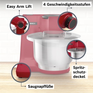 Robot de bucatarie Bosch Seria 2 MUMS2ER01, bol din otel inoxidabil 3,8 L, agitator planetar, carlig pentru aluat, tel, otel inoxidabil, tocator continuu, 3 discuri, 700W, rosu - Img 5