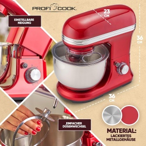 Robot de bucatarie ProfiCook(r) Bake | Masina de framantat 5L cu motor puternic de 1200W | Masina de aluat cu carlig si tel | Masina de framantat aluat retro Protectie impotriva stropilor cu deschidere de reumplere | PC KM 1197 rosu - Img 6