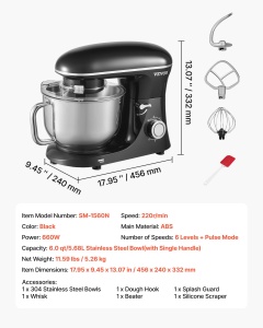 Robot de bucatarie VEVOR SM-1560N 1400W 568L multifunctional negru - Img 7