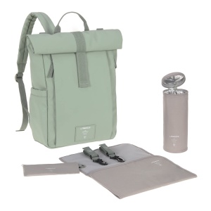 Rucsac pentru scutece pentru bebelusi LASSIG Rucsac pentru scutece Rucsac cu covoras de infasat, atasament pentru carucior, suport pentru sticle produs in mod durabil/GRE Rucsac Rolltop Up verde argintiu