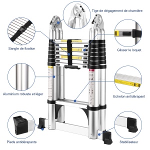 Scara telescopica din aluminiu, 5 metri, scara pliabila, scara multifunctionala, scara extensibila, capacitate maxima de incarcare: 150 kg., argintiu - Img 5