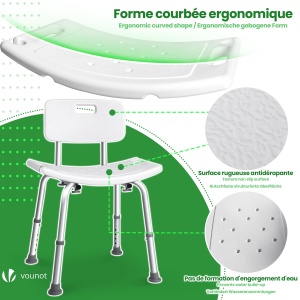 Scaun de dus VOUNOT cu spatar, inaltime reglabila 70-83cm, alb, suport dus - Img 5