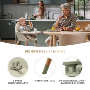 Scaun inalt Kinderkraft FINI2 2 in 1 Scaun inalt Scaun pentru copii Scaun inalt Combi Picioare din lemn Centuri de siguranta Suport pentru picioare Ta - Img 6