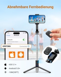 Selfie Stick GRIFEMA cu stativ, 107cm, Bluetooth, 360 rotire - Img 4