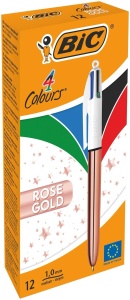 Set 12 Pixuri BIC 4 Culori cu Design Rose Gold, 1mm, Ideal pentru Birou si Scoala