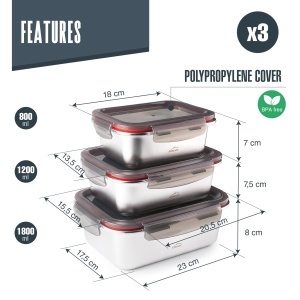 Set 3 recipiente din otel inoxidabil Lacor 64617, 800ml-1800ml, BPA-free - Img 2