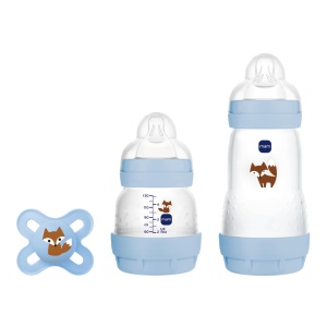 Set Cadou pentru Nou-Nascuti MAM, 2 Sticle Anti-Colici (130 ml si 260 ml), Albastru