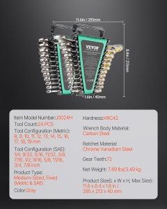 Set Chei Combinate VEVOR 24 Piese din Otel Cr-V cu Organizer, Metrice si SAE - Img 7