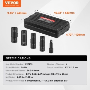 Set chei pentru prezoane VEVOR 12ZTT9 127 mm 4 dimensiuni CR-MO otel cu cutie de depozitare - Img 7