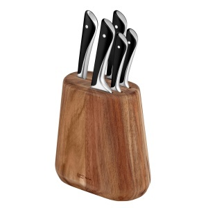 Set cutite bucatarie Jamie Oliver by Tefal K267S556 5 piese lame otel german bloc din lemn de acacia maro
