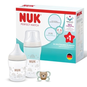 Set de Biberon si Suport pentru Sugari NUK Perfect Match, 150ml si 260ml, Culoare Regenbogen