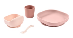 Set de farfurii din silicon BEABA, 4 piese, roz, cu suport pentru prindere - Img 2