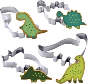 Set de forme de biscuiți Zenker cu dinozauri, oțel inoxidabil, 4 piese - perfecte pentru sesiuni creative de copt cu copiii, se poate spăla în mașina de spălat vase, design modern cu dinozauri, argintiu
