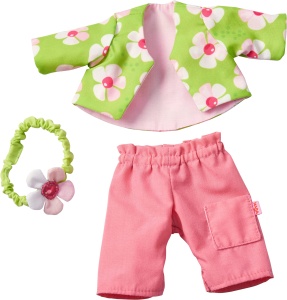 Set de imbracaminte pentru papusi HABA Blumenzauber, 4 piese, verde si roz