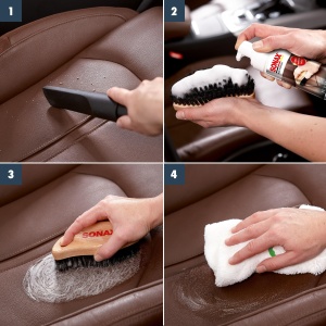 Set de ingrijire pentru piele SONAX PREMIUM CLASS, 3x250 ml, 2x curatator, crema, accesorii - Img 6