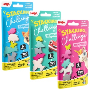 Set de Joc HABA Stacking Challenge 3 in 1 - Vehicule, Unicorni si Animale, 900 Niveluri