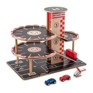 Set de parcare din lemn de Hape | Garaj auto pe TREI niveluri cu masini si elicoptere