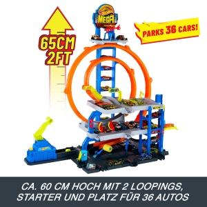 Set de pista Hot Wheels City Mega Park Garage, 3 nivele, capacitate 37 vehicule, cu masina si helicopter - Img 3