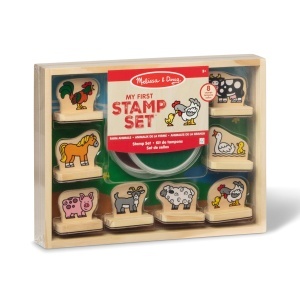 Set de stampile din lemn Melissa Doug cu animale de ferma, 8 stampile, 2 cerneala, pentru copii de la 3 ani