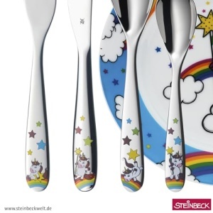 Set de tacamuri si vesela pentru copii WMF Einhorn 6 piese inox Cromargan potrivit pentru copii 3-9 ani - Img 2