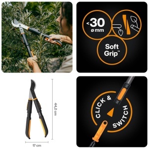 Set de unelte pentru gradinarit Fiskars OneClick - Foarfeca de tuns si taietor de ramuri, 2 manere, negruportocaliu - Img 4