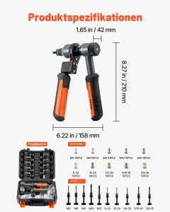 Set de Unelte VEVOR pentru Nituire, 21 cm, 10 Dornen, 100 Mutern, Culoare Portocalie - Img 7