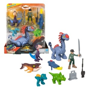 Set Fisher-Price Imaginext Jurassic World The Rebirth cu om de 76 cm 5 dinozauri lansator si accesorii JFR25