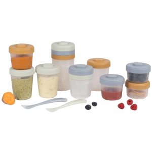 Set mese BEABA, 12 recipiente de stocare 2 linguri din silicon, galben