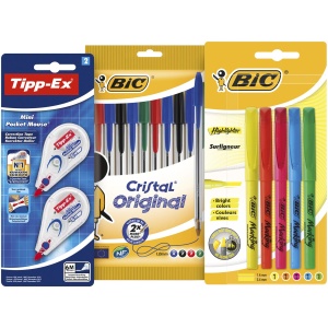 Set Papetarie BIC 10 Pixuri BIC Cristal, 5 Marker Colorati, 2 Corectoare