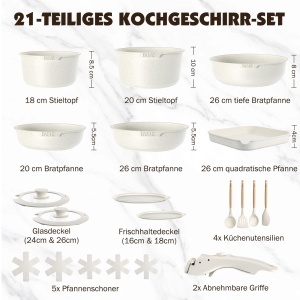 Set vase YASHE 21 piese alb antiaderent cu manere detasabile si capac de sticla - Img 2