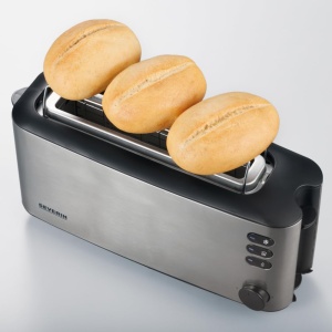 SEVERIN Prajitor de paine automat cu fante lungi, prajitor de paine automat cu atasament pentru chifle, din otel inoxidabil, pentru prajire, dezghetare si incalzire, 1.000 W, otel inoxidabil periat/negru, AT 2515 - Img 6