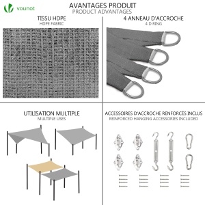Sonnensegel VOUNOT cu Set de Montaj, 3x2,5m, Atmungsativ, Grau - Img 7