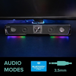Speedlink Gravity RGB Stereo Soundbar - difuzor PC cu conexiune Bluetooth pentru smartphone/tableta si mufa de 3,5 mm, iluminare RGB, conexiune casti si microfon, negru - Img 6