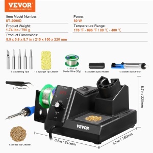 Statie de lipit VEVOR, set de lipit de 80 W cu afisaj digital, 5 varfuri de lipit, lipit fara plumb, ventuza de lipit, penseta, curatator de varfuri, mod de repaus, conversie degC/degF, fier de lipit, distribuitor de sarma de lipit - Img 7