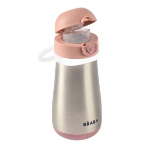 Sticla de apa din inox BEABA 350ml, roz, cu functie de deschidere usoara - Img 1