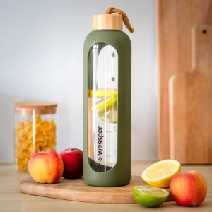 Sticla de apa Wessper 1L din sticla borosilicata, cu husa din silicon, culoare olive - Img 6