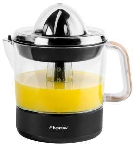 Storcator electric de citrice si portocale Bestron, incl. 2 conuri de presare si capac de aroma, motor cu doua directii de rotatie (stanga/dreapta), capacitate: 0,7 litri, colectie Black & Wood, culoare: negru/lemn