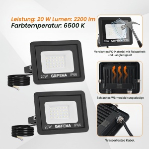 Stralucitor LED 20W GRIFEMA, 2200LM, 6500K, 2 bucati, Negru - Img 7