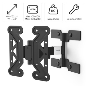 Suport de perete TV Hama pivotant, Tiltable, Slim (suport TV de 19-48 inch pentru televizoare de pana la 25 kg, max. VESA 200x200, 1 brat, suport extensibil incl. dibluri Fischer si sablon de gaurire) negru - Img 2