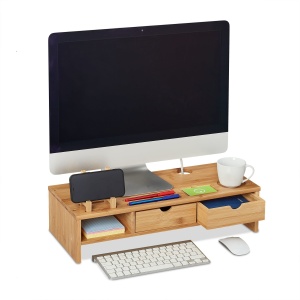 Suport Monitor din Bambus Relaxdays cu 2 Sertare si Compartiment pentru Utensile