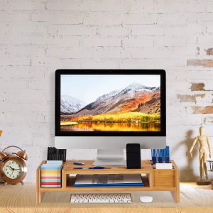 Suport Monitor din Bambus Relaxdays, Ergonomic, 14 Compartimente, 15x65x28 cm, Natur - Img 5